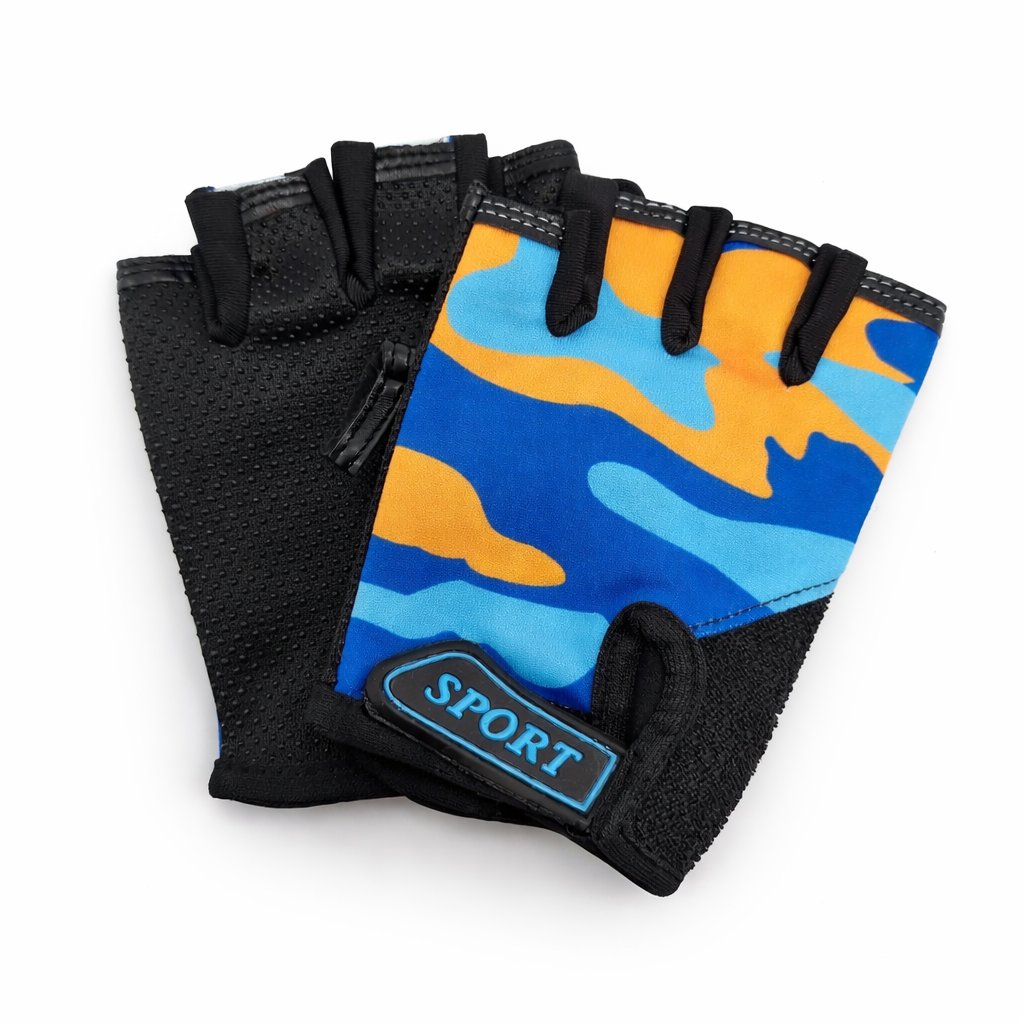 [GUA-GEN-SPO-A2] Guantes cortos Genéricos Sport camuflaje Azul/Naranjo,S